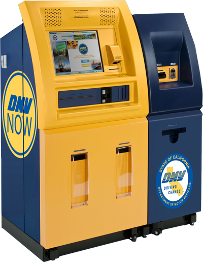 Yellow and blue California DMV Now self-service registration renewal kiosk